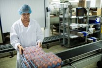 Жіночий персонал організації яйце коробки поруч з конвеєра на заводі яйце — стокове фото