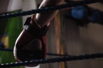 Imagem cortada de boxeador inclinado em cordas de anel boxeador — Fotografia de Stock