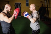 Seitenansicht von zwei athletischen thailändischen Boxern, die im Fitnessstudio üben — Stockfoto