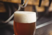 Close-up de copo de cerveja com espuma em um bar — Fotografia de Stock