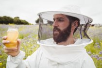 Apicultor segurando garrafa de mel no campo — Fotografia de Stock