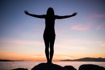 Vista posteriore di donna che esegue yoga su roccia al tramonto — Foto stock