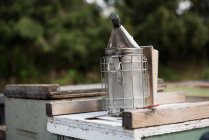 Fumatore d'api su scatola di legno nel giardino dell'apiario — Foto stock