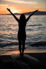Vue arrière de la femme pratiquant le yoga sur la roche à la plage pendant le coucher du soleil — Photo de stock