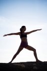 Tiefansicht einer Frau, die an sonnigen Tagen Yoga auf Treibholz praktiziert — Stockfoto