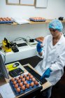 Attentive female staff examining egg in egg factory — Stock Photo