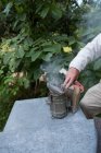 Пограбування бджіл-пасічників, які курять, подалі від вулика в пасічному саду — стокове фото