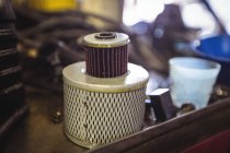 Close-up of oil filters in industrial mechanical workshop — Stock Photo