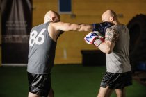 Seitenansicht von zwei Muay Thaiboxern, die im Fitnessstudio üben — Stockfoto
