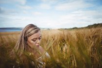 Frau streift an sonnigem Tag Weizen im Feld — Stockfoto