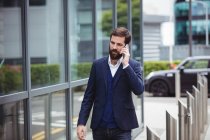 Empresário falando no telefone celular enquanto caminha no caminho — Fotografia de Stock