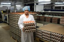 Портрет женщины, держащей подносы для яиц на фабрике — стоковое фото