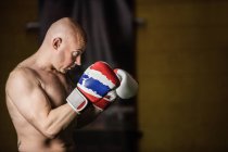 Vista lateral de shirtless muscular tailandês boxeador praticando boxe no ginásio — Fotografia de Stock