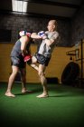 Vue latérale de deux boxeurs muay thai pratiquant dans la salle de gym — Photo de stock