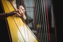 Mid-section of woman playing a harp in music school — Stock Photo
