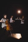 Три студентки играют на контрабасе, скрипке и фортепиано в студии — стоковое фото