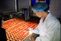 Female staff examining eggs quality in lighting control in egg factory — Stock Photo
