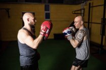 Side view of two muscular thai boxers practicing in gym — Stock Photo