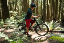 Male cyclist using mobile phone in forest in sunlight — Stock Photo