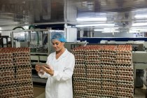 Travailleur féminin utilisant une tablette numérique dans une usine d'œufs — Photo de stock