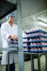 Female staff arranging egg cartons next to production line in egg factory — Stock Photo