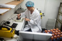 Personal femenino examinando huevo en monitor de huevo digital en fábrica de huevo - foto de stock