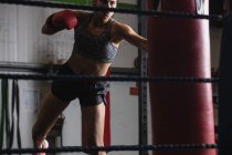 Обрезанный образ боксера-женщины, практикующего бокс с боксерской грушей в фитнес-студии — стоковое фото