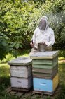 Apicultor fumar abejas lejos de la colmena en el jardín colmenar - foto de stock