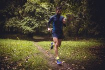 Спортсмен, що біжить на ґрунтовій доріжці в лісі — стокове фото