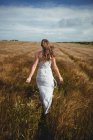 Vista trasera de la mujer caminando a través del campo de trigo en el día soleado - foto de stock