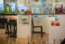 Bicchieri soffiati colorati in mostra presso la fabbrica di soffiaggio del vetro — Foto stock