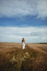 Вид сзади на женщину, идущую по пшеничному полю в солнечный день — стоковое фото