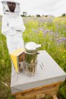 Apiculteur utilisant fumeur d'abeilles dans le champ — Photo de stock