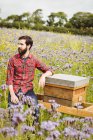 Portrait of beekeeper sitting on beehive in flower field — Stock Photo