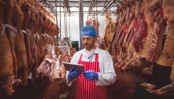 Carnicero usando tableta digital en sala de almacenamiento de carne en carnicería - foto de stock