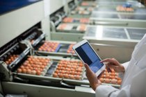 Imagem cortada da equipe feminina usando tablet digital ao lado da linha de produção na fábrica de ovos — Fotografia de Stock