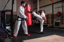 Спортсменка и спортсмен практикуют карате с боксерской грушей в студии — стоковое фото
