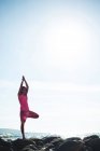 Belle femme effectuant du yoga sur le rocher le jour ensoleillé — Photo de stock