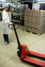 Mitarbeiterinnen halten Palettenheber in Eierfabrik — Stockfoto