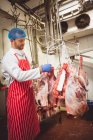 Autocollants de code-barres de boucher collant sur la viande rouge dans la salle d'entreposage à la boucherie — Photo de stock