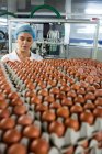 Pessoal feminino atento examinando ovos na fábrica — Fotografia de Stock