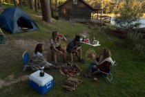 Groupe de jeunes amis qui s'amusent au camping — Photo de stock