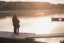 Rückansicht eines älteren Ehepaares, das auf einem Steg am Seeufer steht — Stockfoto