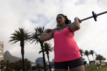 Young female jogger exercising with barbell in the park — Stock Photo
