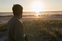 Вид сзади на человека, стоящего на пляже во время заката — стоковое фото