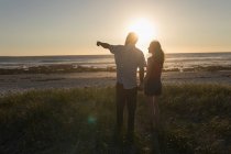 Вид сзади на пару, держащуюся за руки и стоящую на пляже — стоковое фото