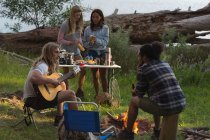 Groupe d'amis s'amuser près du feu de joie au camping — Photo de stock