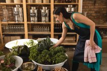 Schöne Mitarbeiterinnen checken Gemüse im Supermarkt — Stockfoto