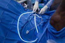 Cirurgiã examinando um cavalo no teatro de operações no hospital — Fotografia de Stock
