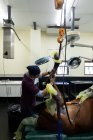 Surgeon examining a horse in operation theatre at hospital — Stock Photo